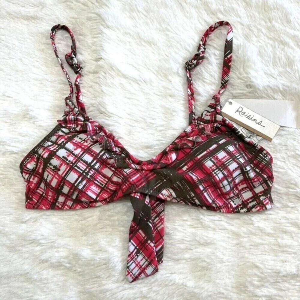 RAISINS Girl's Ruffle Swim Bikini Top Size M Plaid Pink,‎ Brown, White